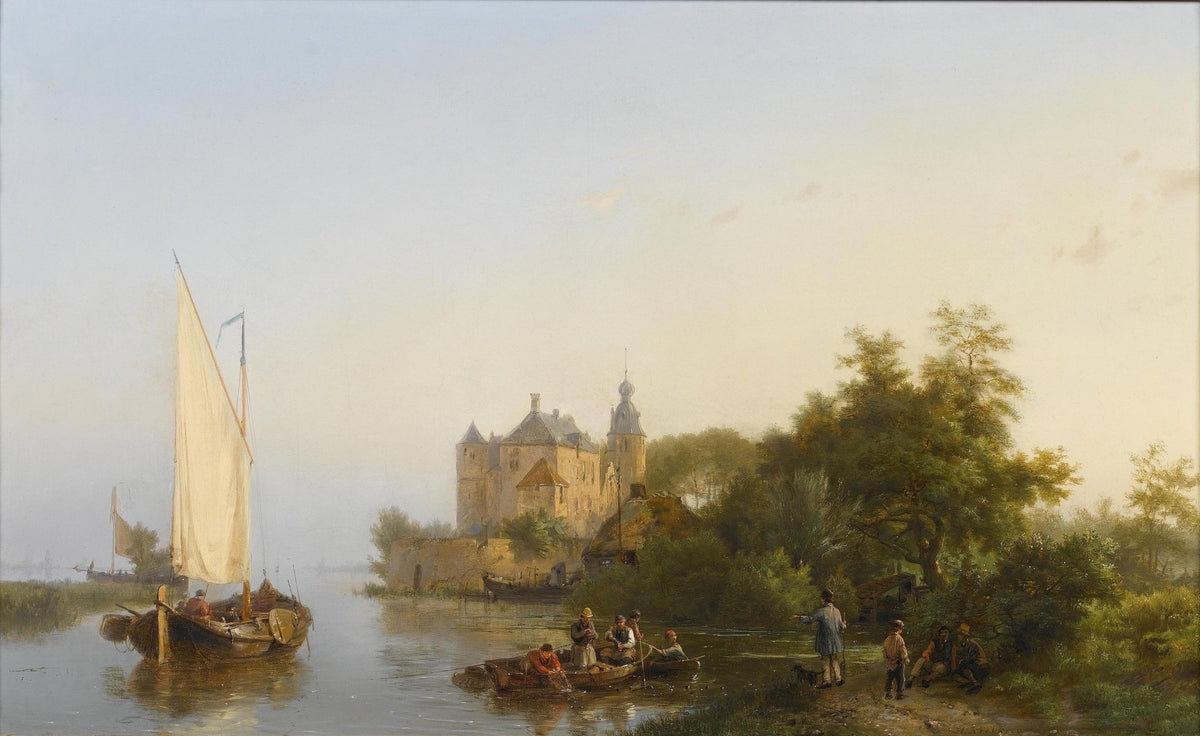 Landscape oil painting of a riverside castle at sunrise with boats and figures, textured brushwork on oil on canvas. - Add Frame, Architecture, Boat, Canvas, Castle, Figure, Hand Painted, Landscape, Made To Order, Oil Painting, River, Sunrise