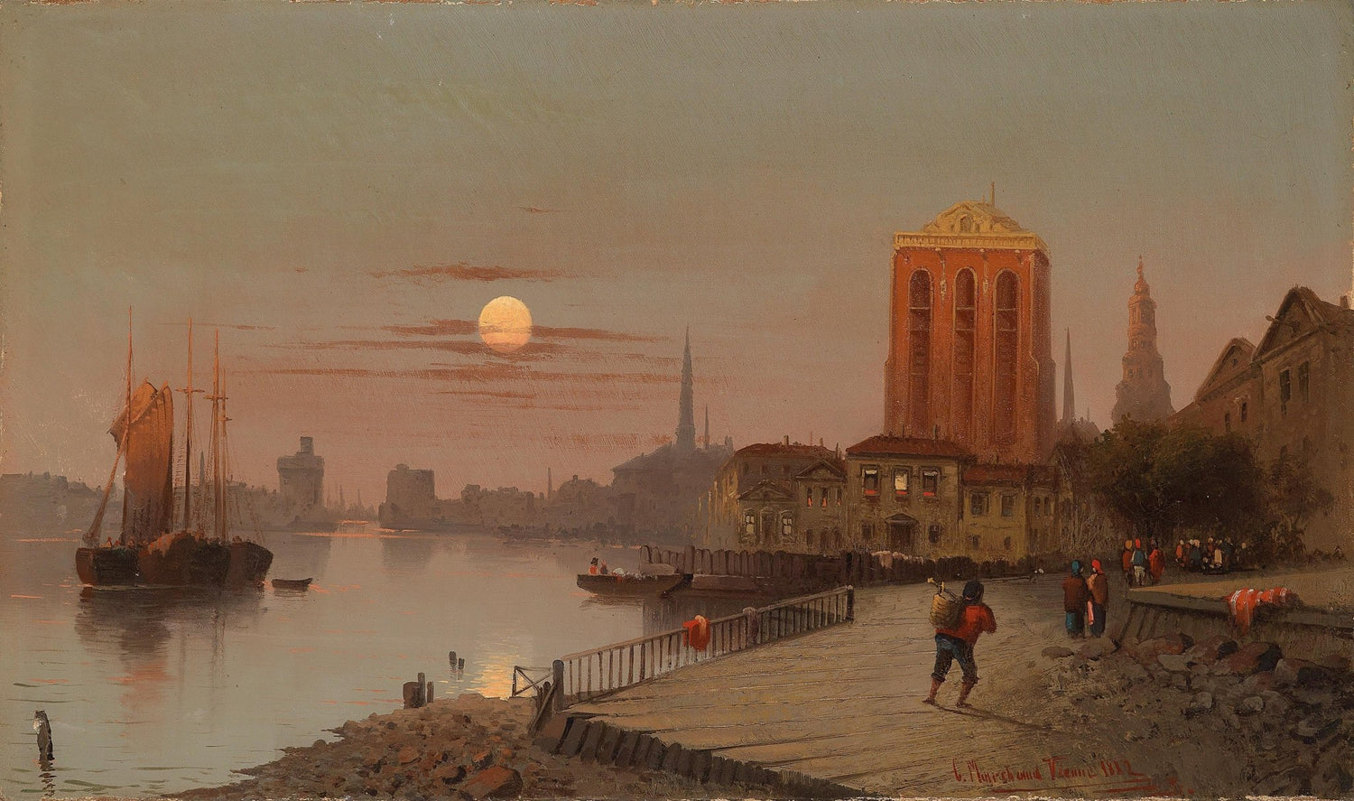 Riverside City at Sunset with Figures, Boats – Landscape Oil Painting - Oil Painting Haven