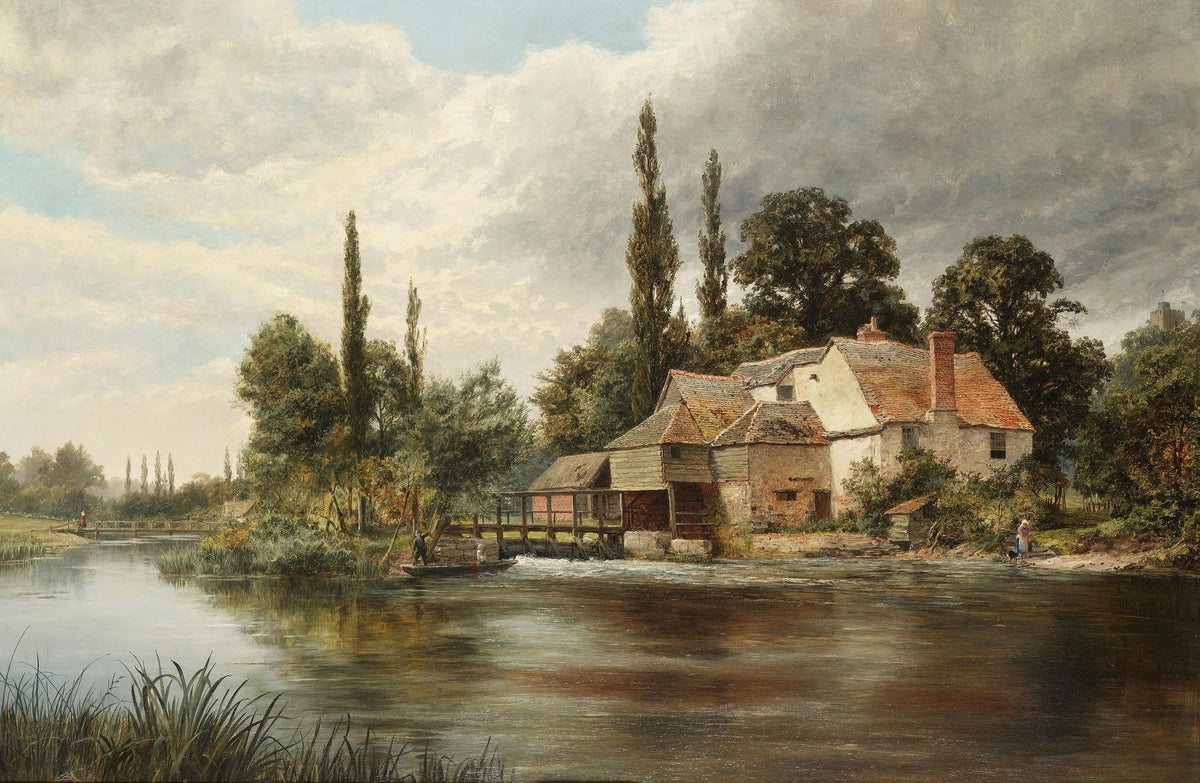 Landscape oil painting of a riverside cottage with watermill, hand painted oil on canvas with textured brushwork, calm water . - Add Frame, Canvas, Cottage, Country, Hand Painted, Landscape, Made To Order, Oil Painting, River