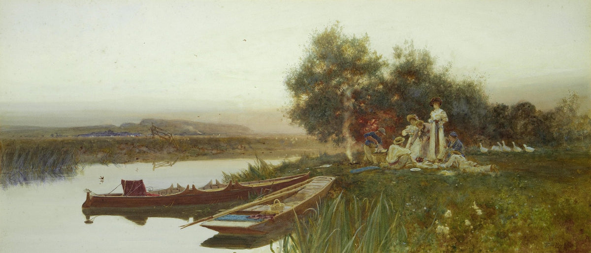 Landscape oil painting with textured brushwork depicting a riverside picnic at sunset, boats along the calm river, and. - Add Frame, Boat, Canvas, Country, Figure, Hand Painted, Landscape, Made To Order, Oil Painting, River, Sunset