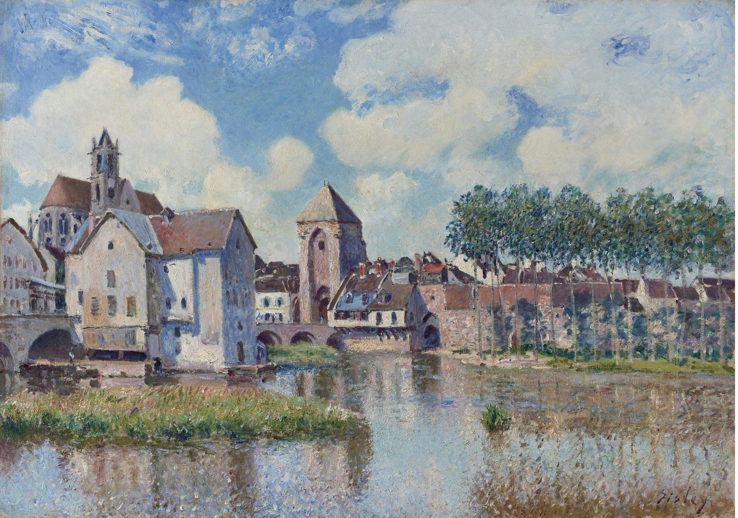 Landscape oil painting of riverside village with church, stone bridge, and trees, textured brushwork on canvas. - Add Frame, Architecture, Canvas, Church, Hand Painted, Landscape, Made To Order, Oil Painting, River, Village
