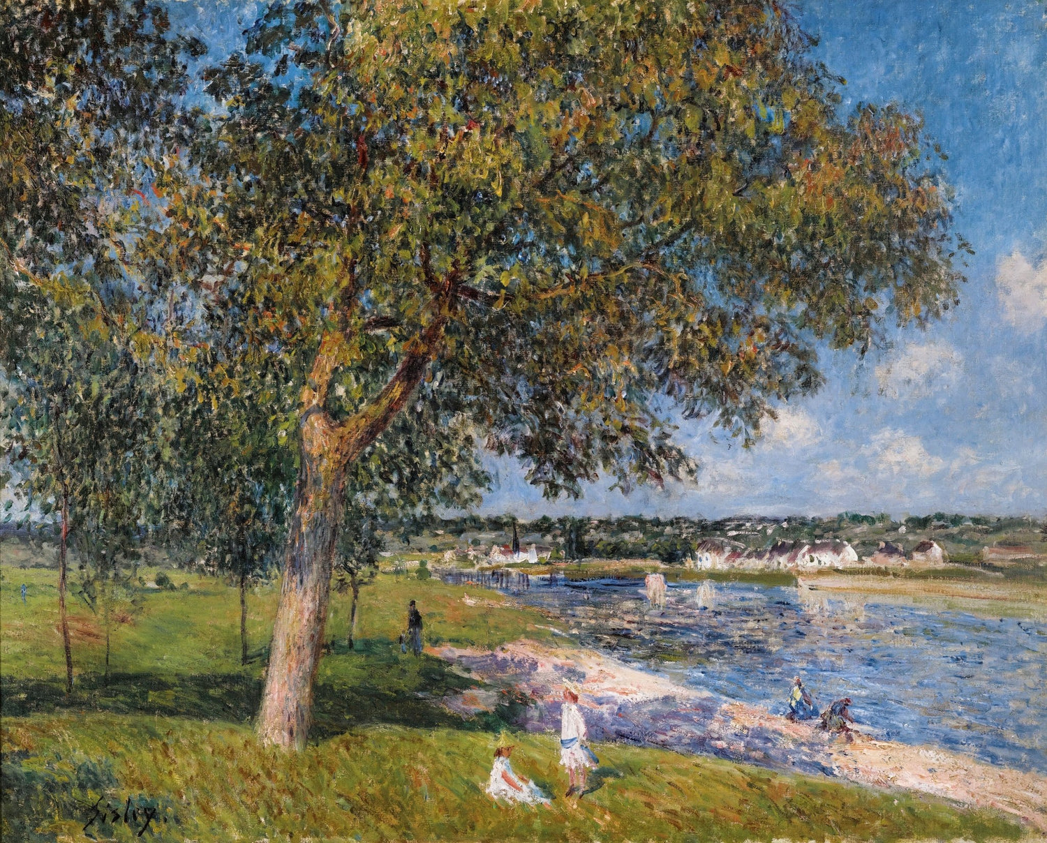 Landscape oil painting of riverside with textured brushwork, summer village in distance, hand painted oil on canvas. - Add Frame, Canvas, Forest, Hand Painted, Landscape, Made To Order, Oil Painting, River, Village