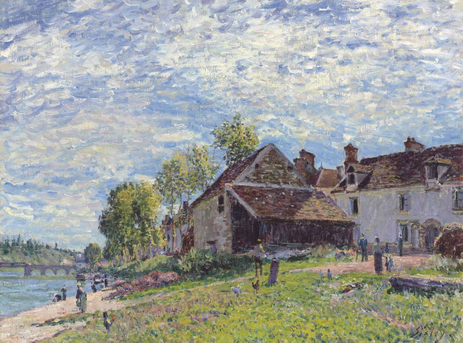 Hand painted landscape oil painting of riverside village houses under a cloudy sky with textured brushwork on oil on canvas. - Add Frame, Canvas, Figure, Hand Painted, Landscape, Made To Order, Oil Painting, River, Village