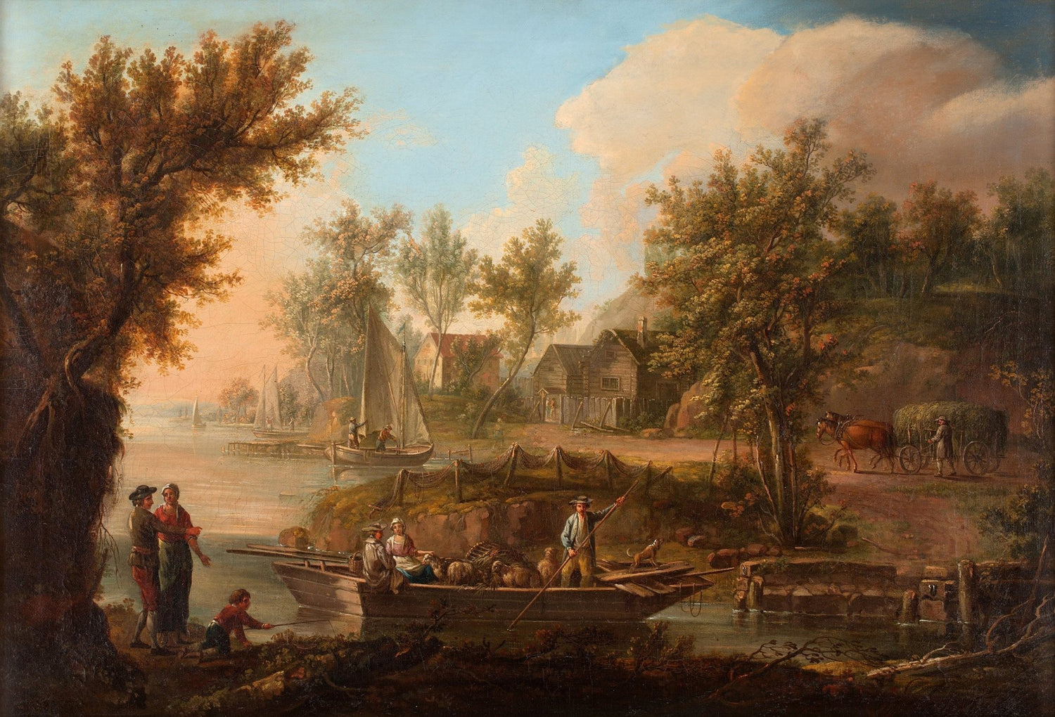 Riverside Village Life with Boats and Figures – Landscape Oil Painting - Oil Painting Haven