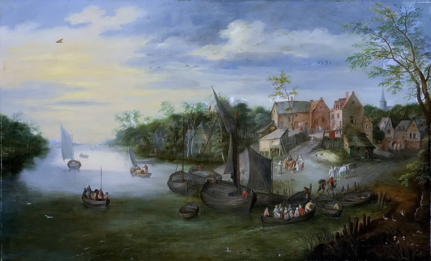 Hand painted landscape oil painting on canvas depicting a riverside village at sunset with boats docked along the shore,. - Add Frame, Boat, Canvas, Hand Painted, Harbor, Landscape, Made To Order, Oil Painting, River, Seascape, Sunset, Village