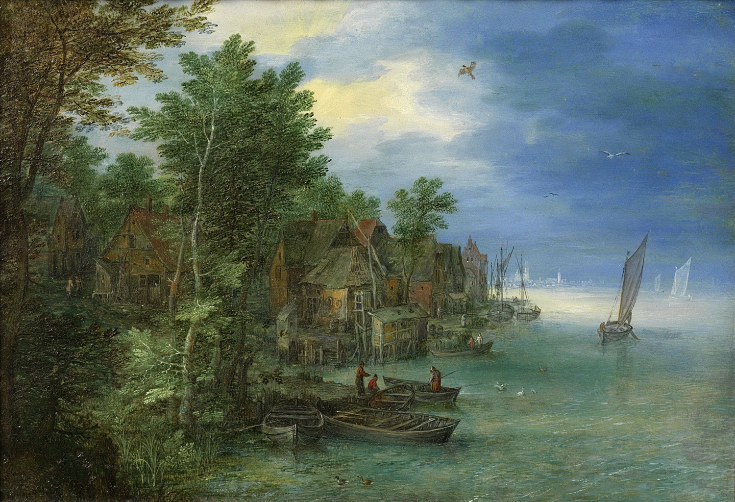 Landscape oil painting of a riverside village with wooden boats and sailboats, hand painted oil on canvas with textured. - Add Frame, Boat, Canvas, Country, Forest, Hand Painted, Landscape, Made To Order, Oil Painting, River, Village