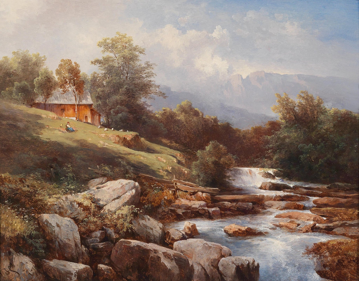 Riverside Waterfall Cabin – Hand - Painted Landscape Oil Painting - Oil Painting Haven