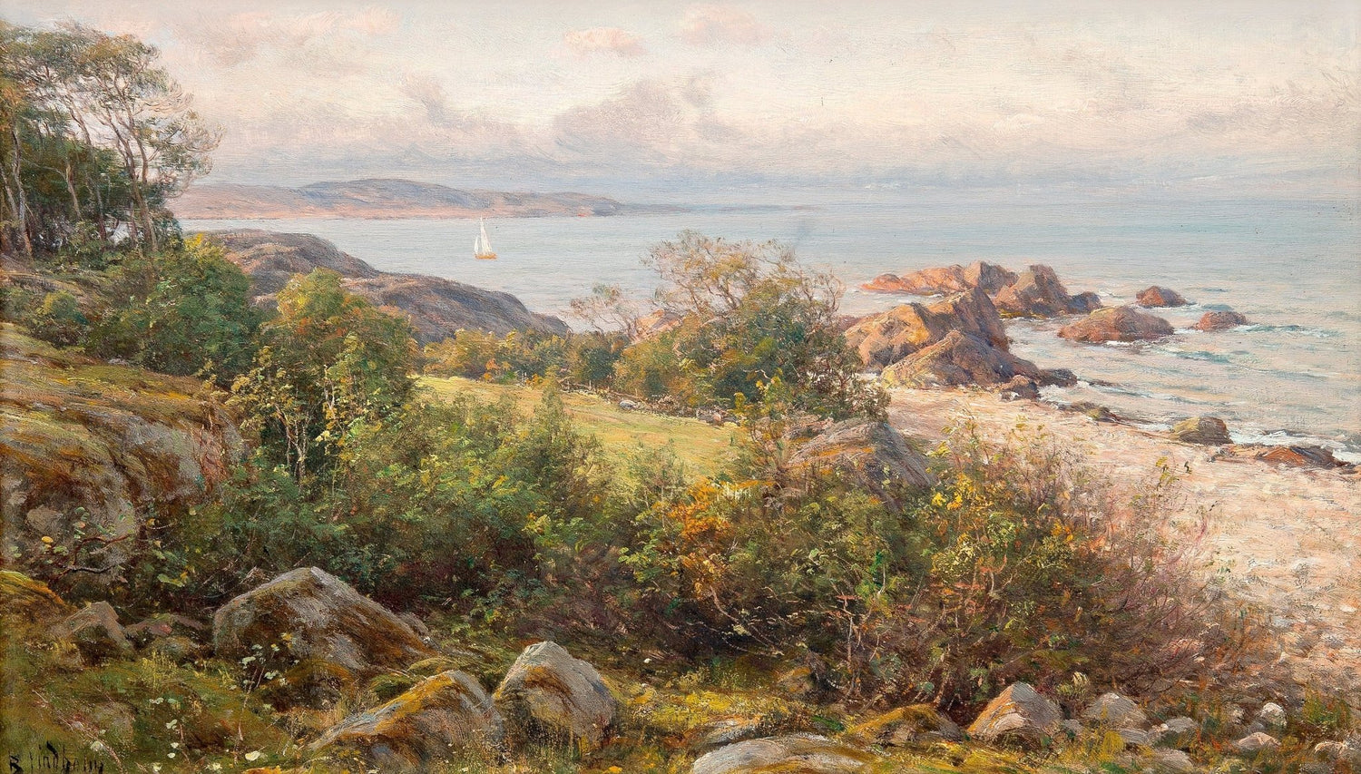 Rocky Coastal Hillside Sailboat – Hand - Painted Landscape Oil Painting - Oil Painting Haven