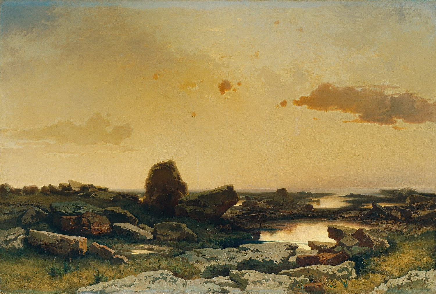 Landscape oil painting of rocky coastal shore at golden sunset with textured brushwork and rich oil on canvas colors. - Add Frame, Canvas, Coastal, Hand Painted, Landscape, Made To Order, Oil Painting, Seascape, Sunset