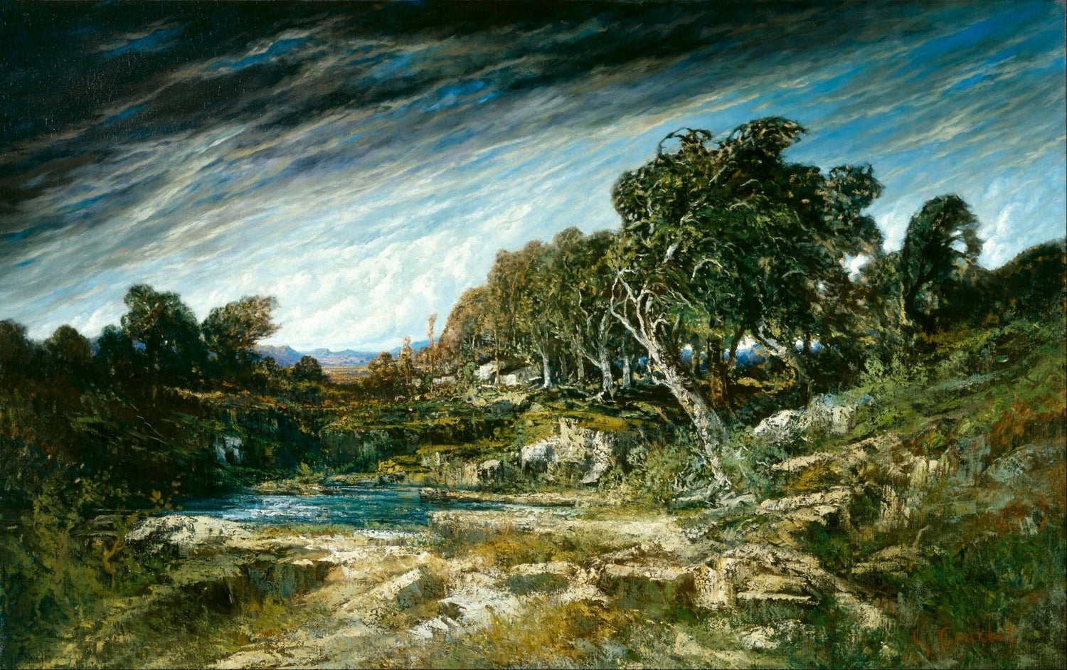 Hand painted landscape oil painting of a rocky river with windblown trees and textured brushwork on canvas. - Add Frame, Canvas, Forest, Hand Painted, Landscape, Made To Order, Oil Painting, River