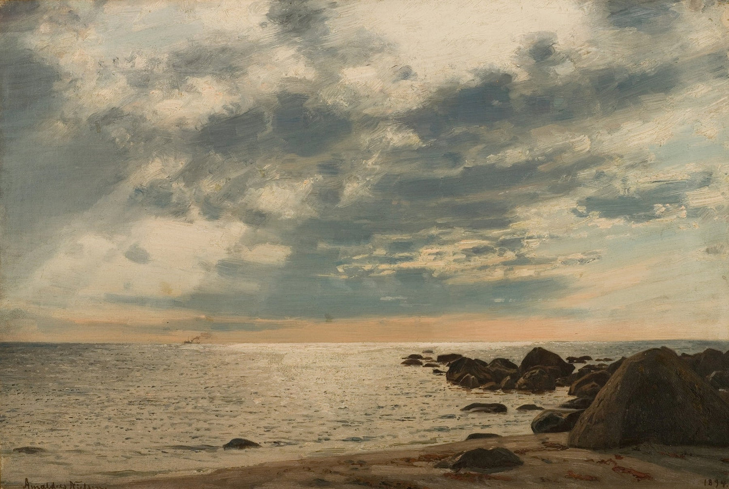 Landscape oil painting of a rocky seashore under dramatic clouds, hand painted oil on canvas with textured brushwork and. - Add Frame, Canvas, Coastal, Hand Painted, Landscape, Made To Order, Oil Painting, Seascape