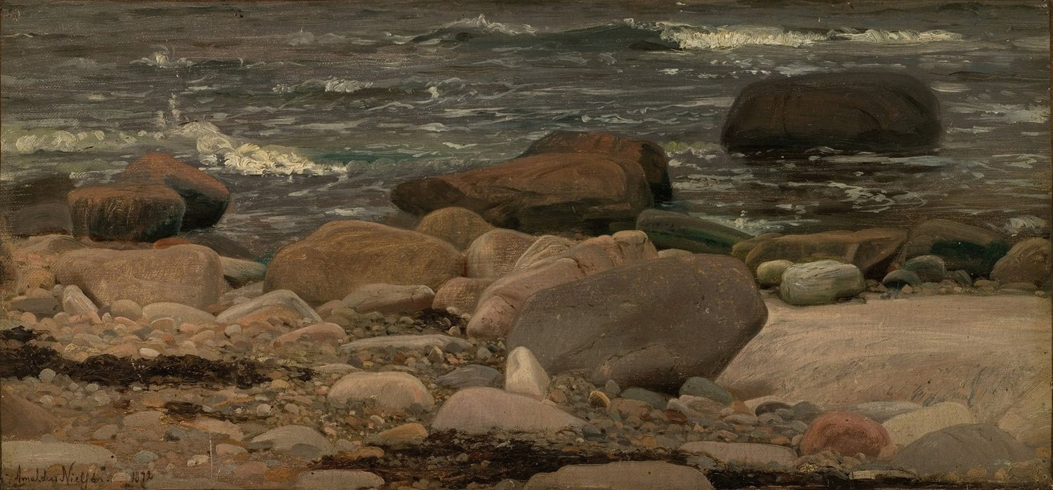 Hand painted landscape oil painting on canvas featuring textured brushwork of a rocky seashore with gentle ocean waves in. - Add Frame, Canvas, Coastal, Hand Painted, Landscape, Made To Order, Oil Painting, Seascape