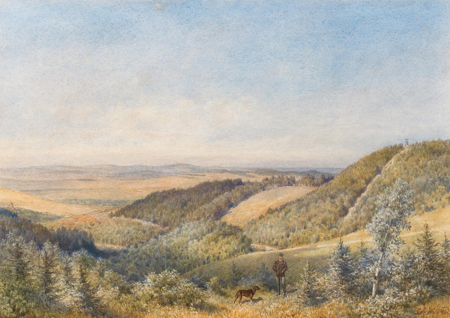 Landscape oil painting of rolling hills and countryside with fields and forest, oil on canvas textured brushwork. - Add Frame, Canvas, Country, Field, Forest, Hand Painted, Landscape, Made To Order, Mountain, Oil Painting
