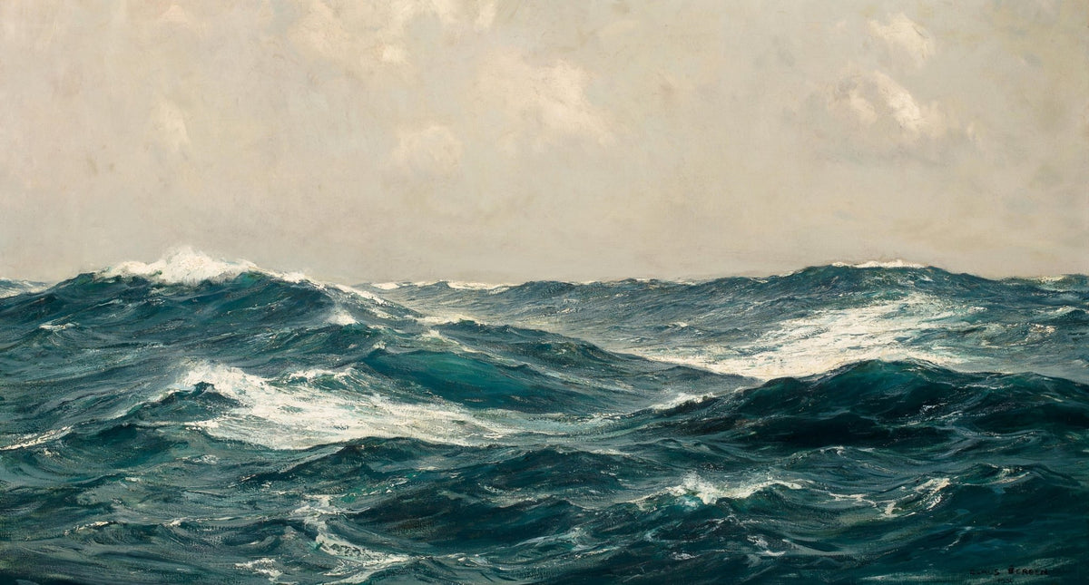 Landscape oil painting of rolling ocean waves under a cloudy sky, textured brushwork in deep blues and greens, hand painted. - Add Frame, Canvas, Coastal, Hand Painted, Landscape, Made To Order, Oil Painting, Seascape