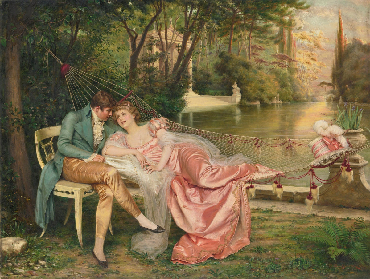 Romantic Couple Resting by Garden Lake - People Oil Painting - Oil Painting Haven