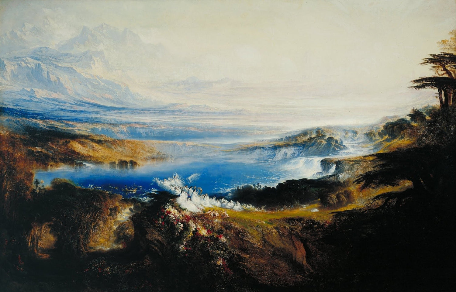 Hand painted landscape oil painting on canvas depicting tranquil lake with swans, distant mountains, and dramatic textured. - Add Frame, Canvas, Hand Painted, Lake, Landscape, Made To Order, Mountain, Oil Painting