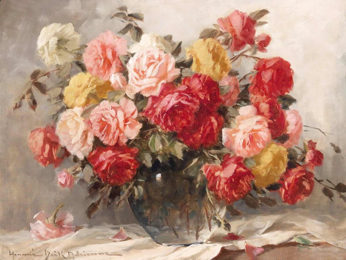 Romantic Red and Pink Roses in Glass Vase – Floral Oil Painting - Oil Painting Haven