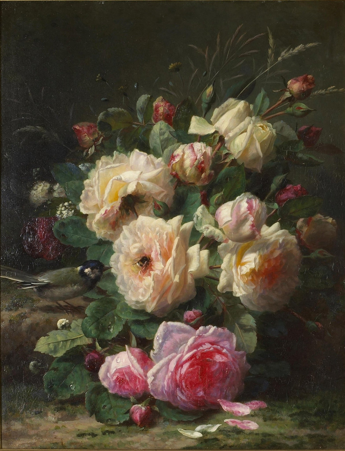 Romantic Rose Bouquet with Bird Accent – Floral Oil Painting - Oil Painting Haven