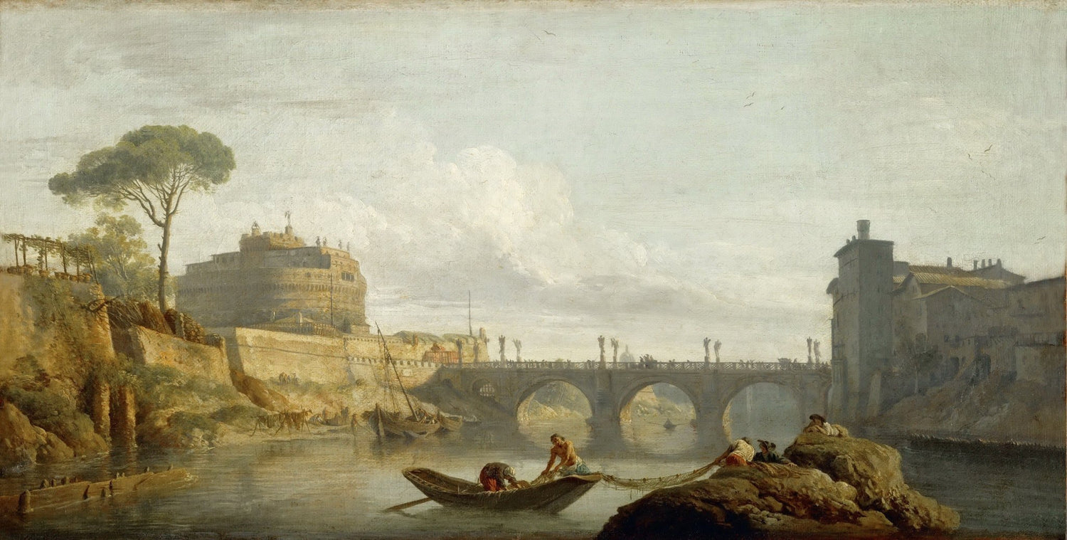 Hand painted landscape oil painting on canvas of Rome’s Castel Sant’Angelo by the river with textured brushwork and a boat. - Add Frame, Architecture, Canvas, Figure, Hand Painted, Landscape, Made To Order, Oil Painting, River