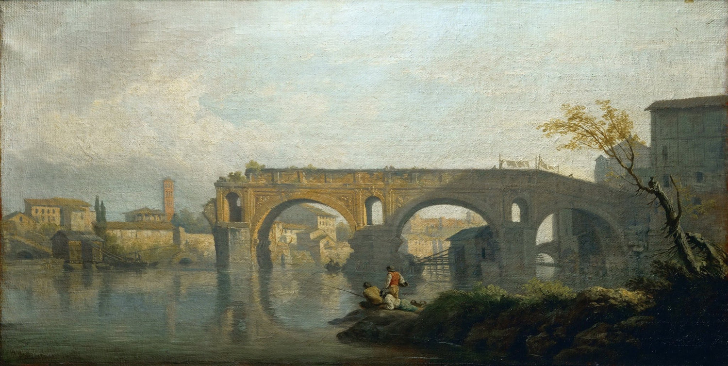 Landscape oil painting of Rome's Ponte Rotto river bridge with fishermen, oil on canvas, textured brushwork, hand painted. - Add Frame, Architecture, Canvas, Hand Painted, Landscape, Made To Order, Oil Painting, River