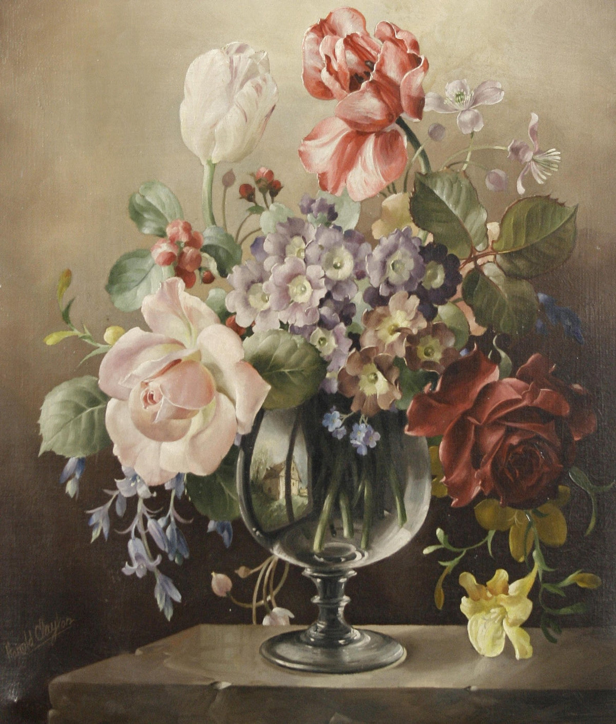 Roses and Tulips in Glass Vase Still Life – Floral Oil Painting - Oil Painting Haven