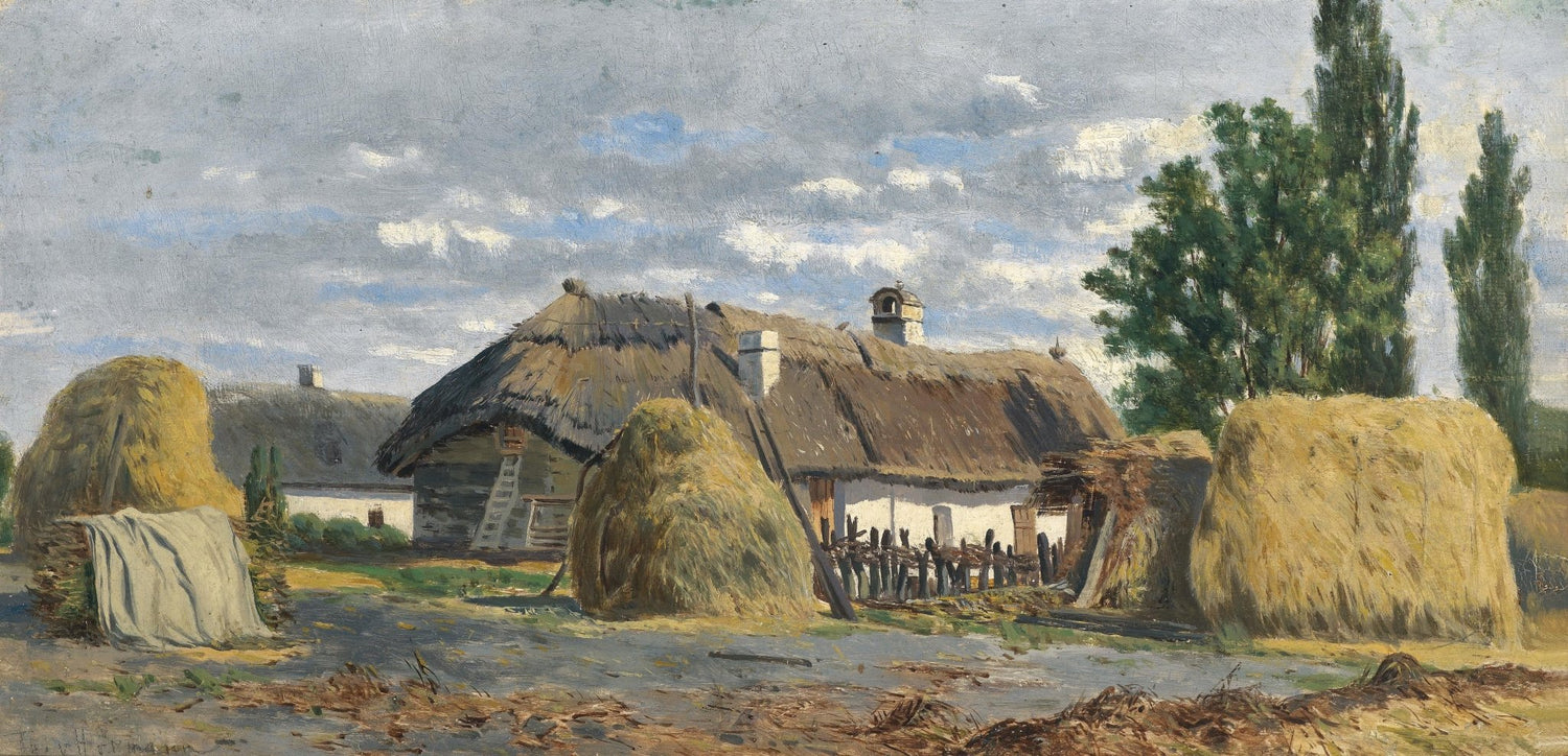 Rural Farmstead with Haystacks | Hand - Painted Landscape Oil Painting - Oil Painting Haven