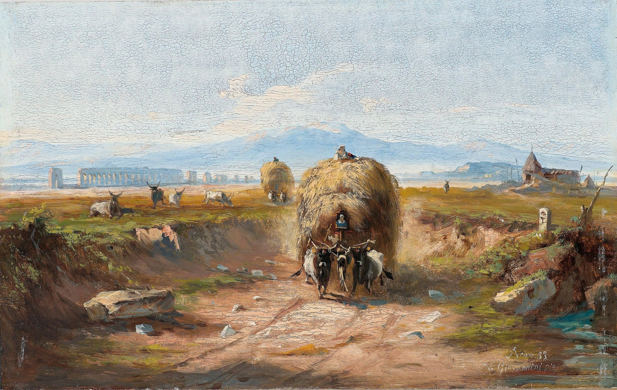 Landscape oil painting of rural harvest scene with ox cart carrying hay on dirt road, textured brushwork on oil on canvas. - Add Frame, Canvas, Country, Hand Painted, Landscape, Made To Order, Oil Painting