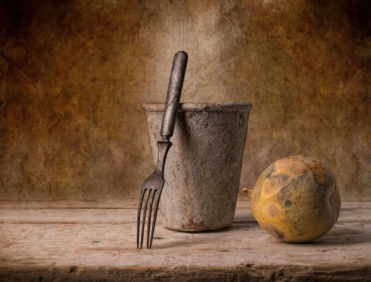 Rustic Cup, Fork and Pear on Table - Still Life Oil Painting - Oil Painting Haven