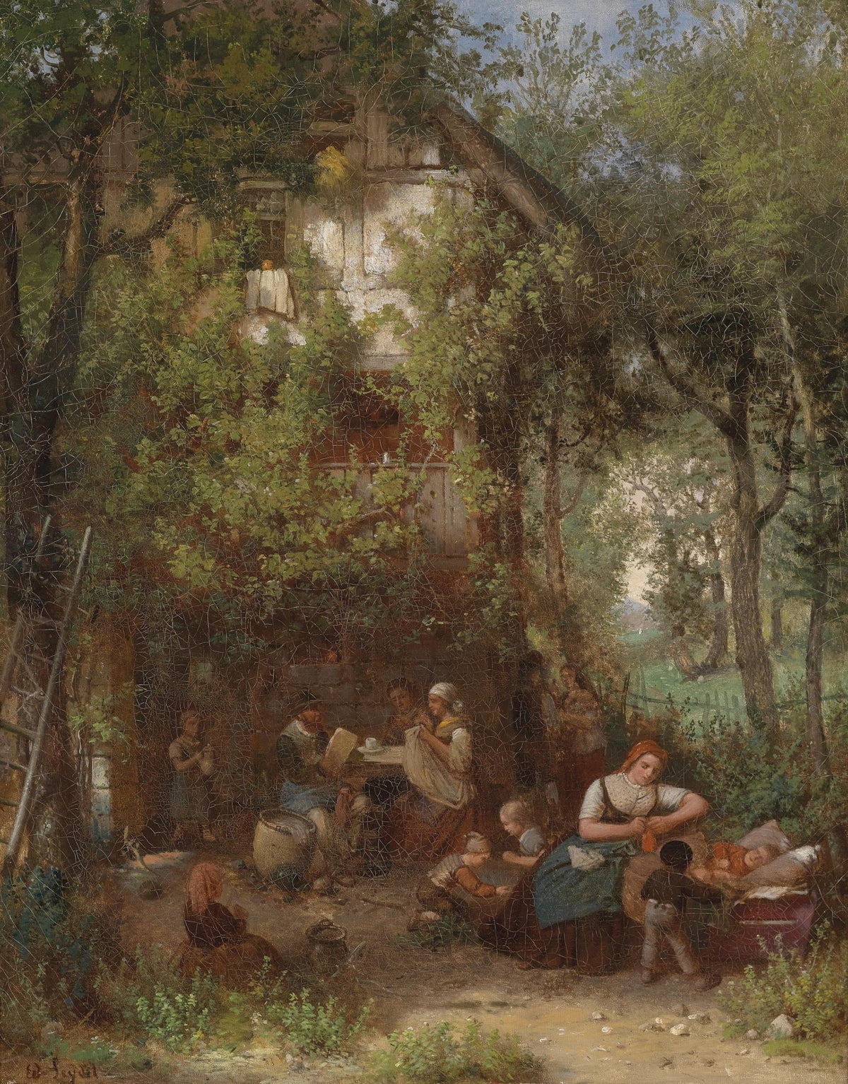 Rustic Family Life Outside Woodland Cottage - People Oil Painting - Oil Painting Haven