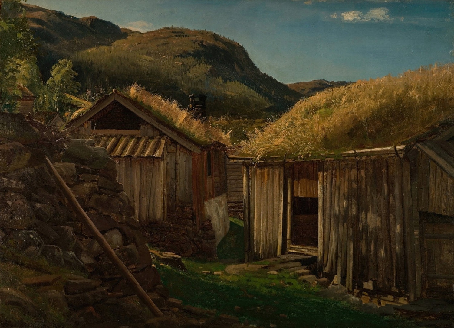 Landscape oil painting of rustic mountain cabins with grass roofs, hand painted oil on canvas with textured brushwork. - Add Frame, Canvas, Hand Painted, Landscape, Made To Order, Mountain, Oil Painting
