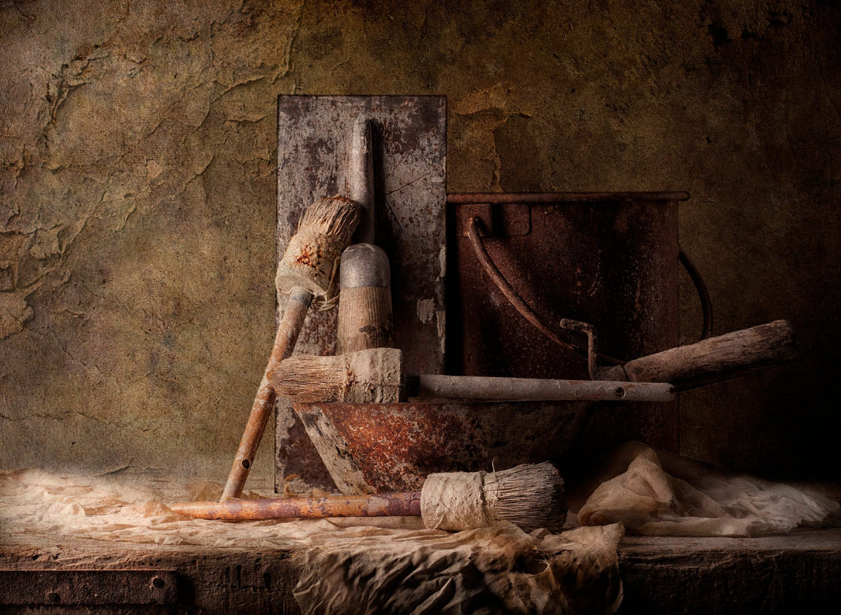 Rusty Bucket and Paint Brushes - Still Life Oil Painting - Oil Painting Haven