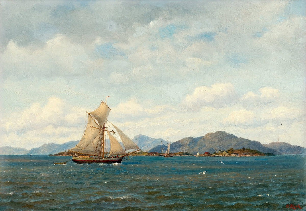 Hand-painted sailboat by mountain coast nautical oil painting on canvas