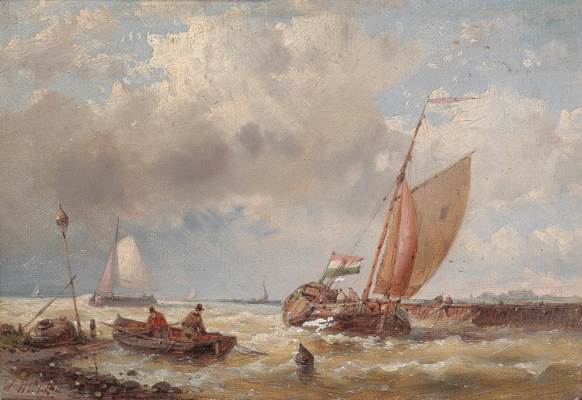 Hand-painted sailboat near coastal breakwater nautical oil painting on canvas