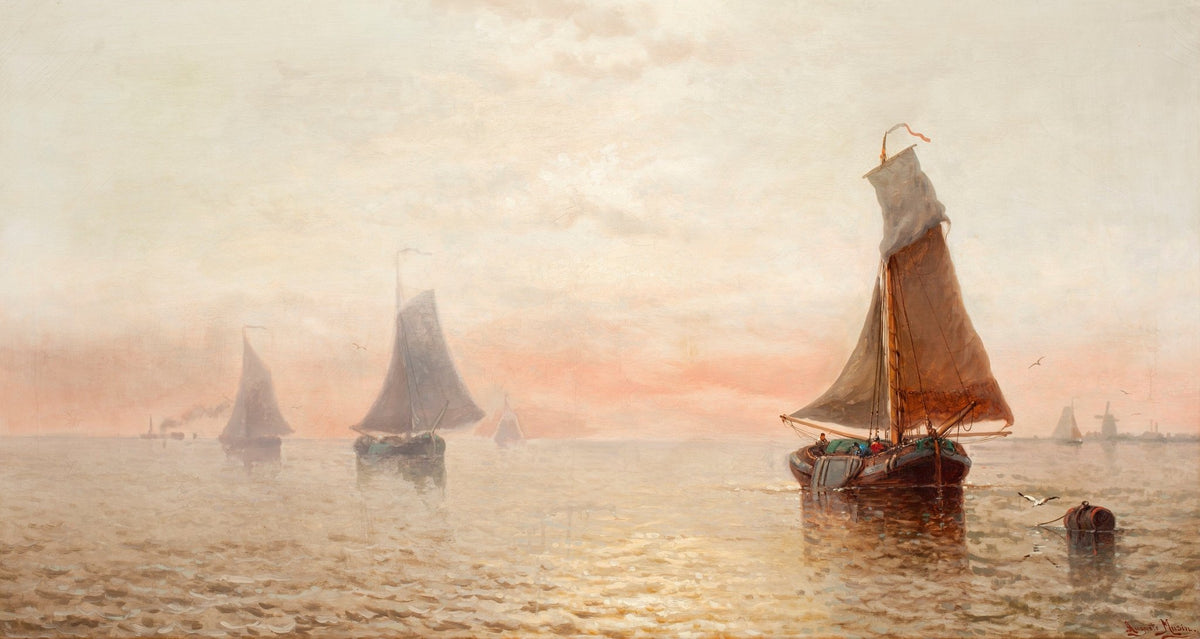 Hand-painted sailboats at misty sunrise nautical oil painting on canvas