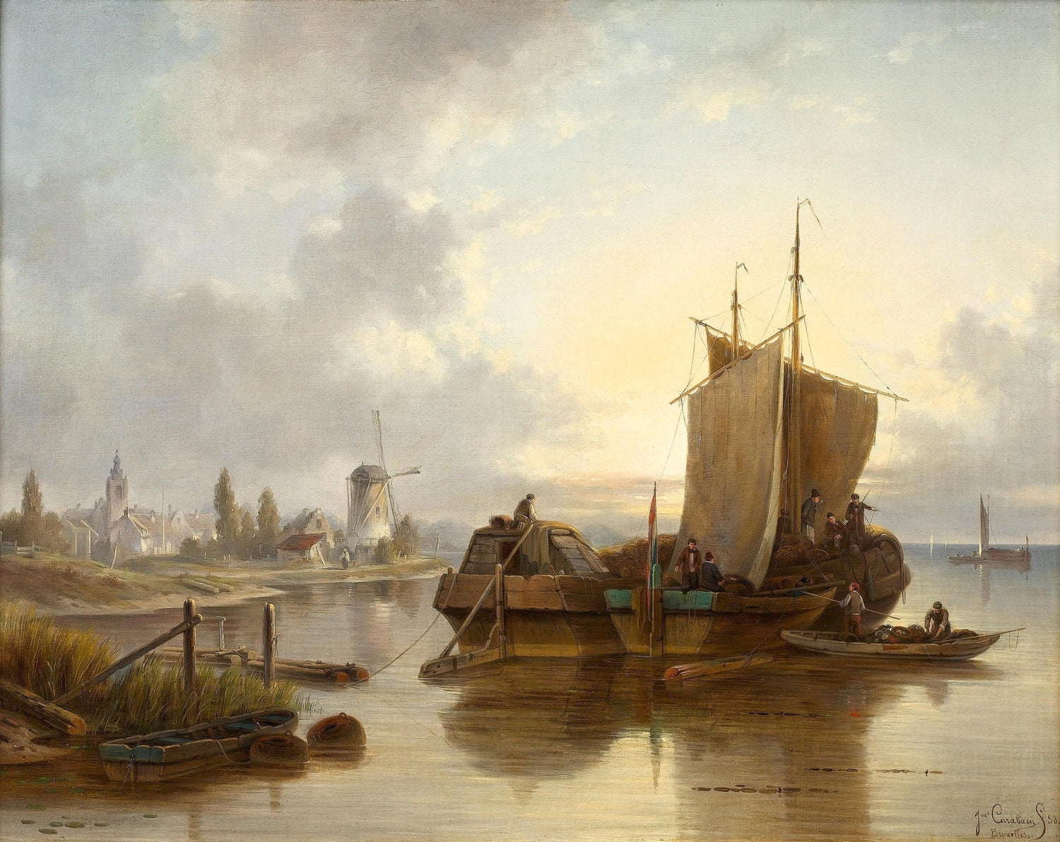 Landscape oil painting of a calm Dutch harbor with a wooden sailing boat, textured brushwork capturing soft clouds and. - Add Frame, Boat, Canvas, Hand Painted, Harbor, Landscape, Made To Order, Oil Painting, Seascape, Village