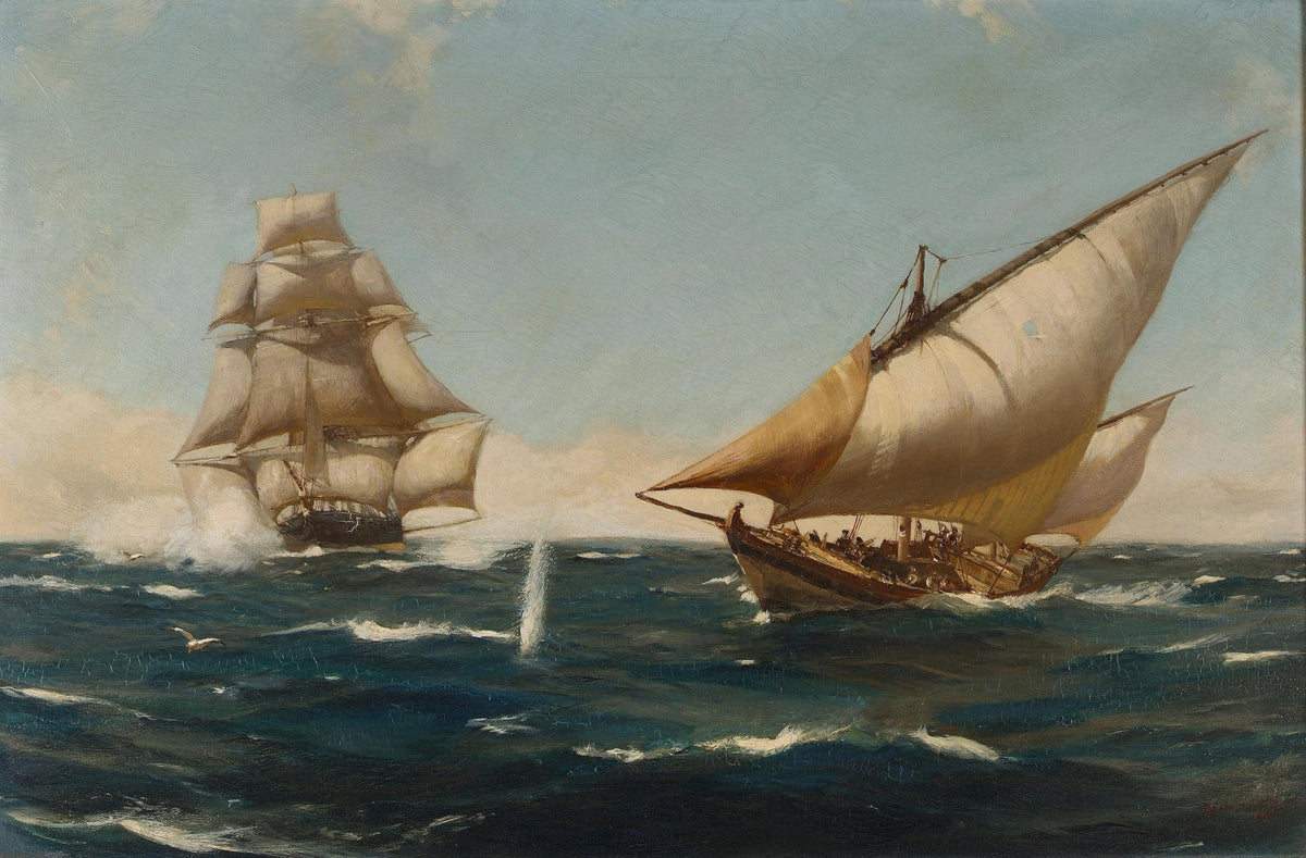 Hand-painted sailing duel on open waters nautical oil painting on canvas