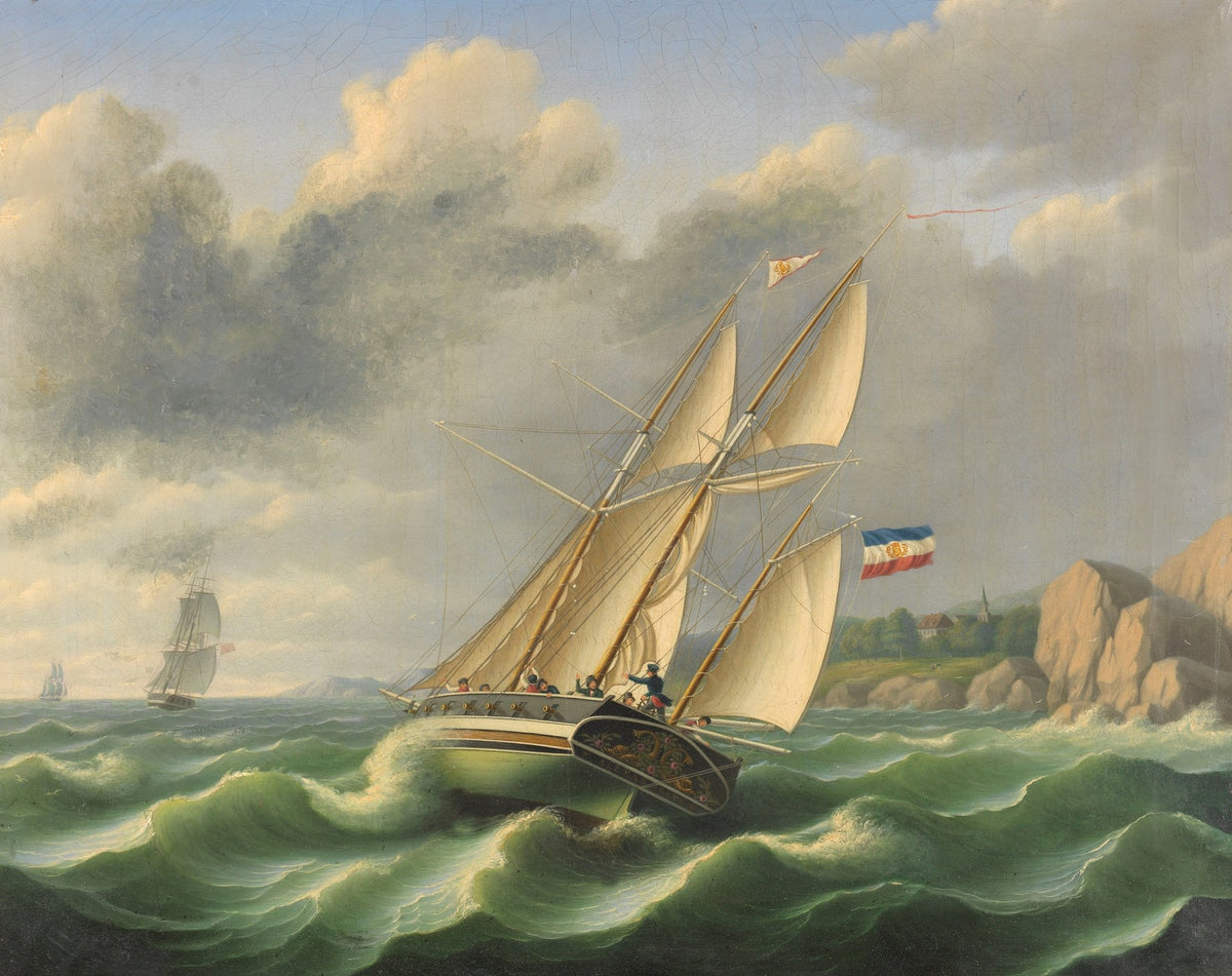 Hand-painted sailing ship in rolling waves nautical oil painting on canvas