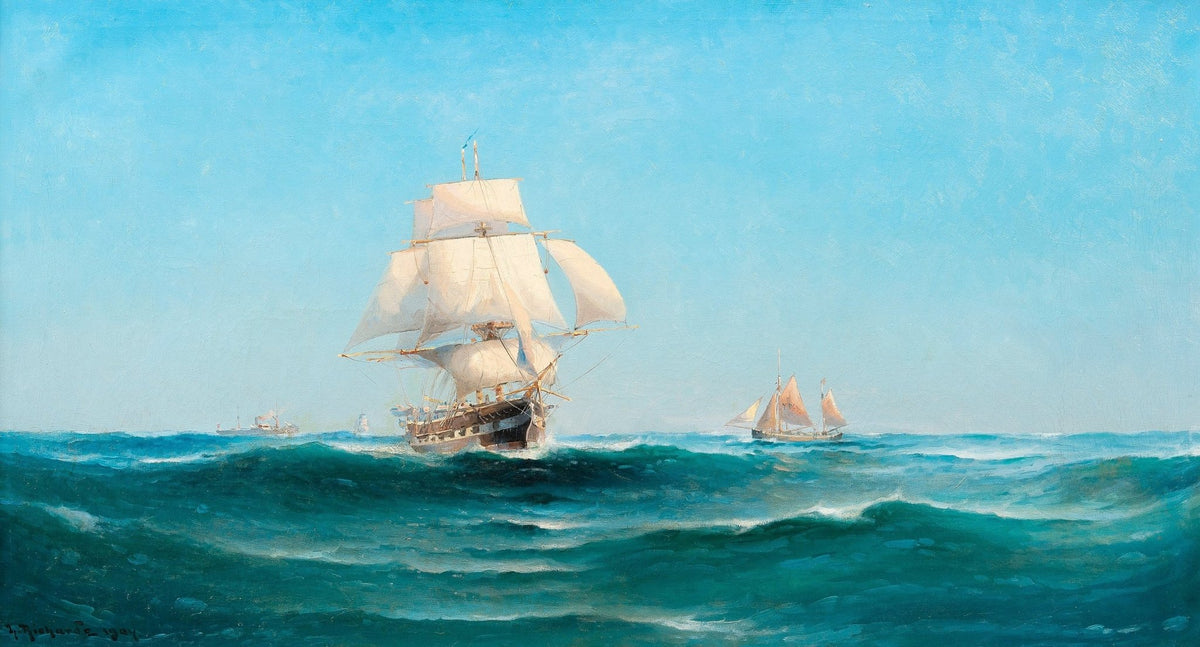 Hand-painted sailing ship on blue waves nautical oil painting on canvas