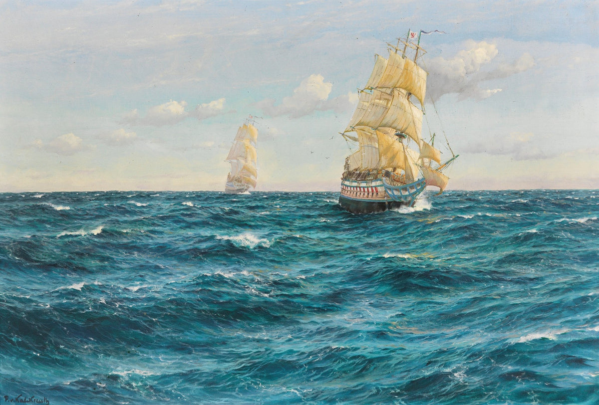 Hand-painted sailing ships on open sea nautical oil painting on canvas