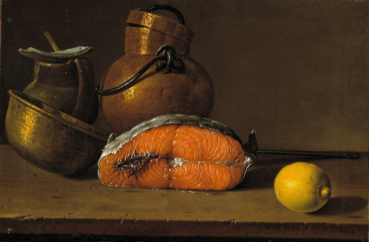Salmon and Lemon with Copper Pots - Still Life Oil Painting - Oil Painting Haven