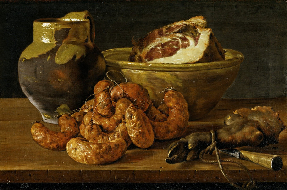 Sausages, Ham and Earthenware - Still Life Oil Painting - Oil Painting Haven