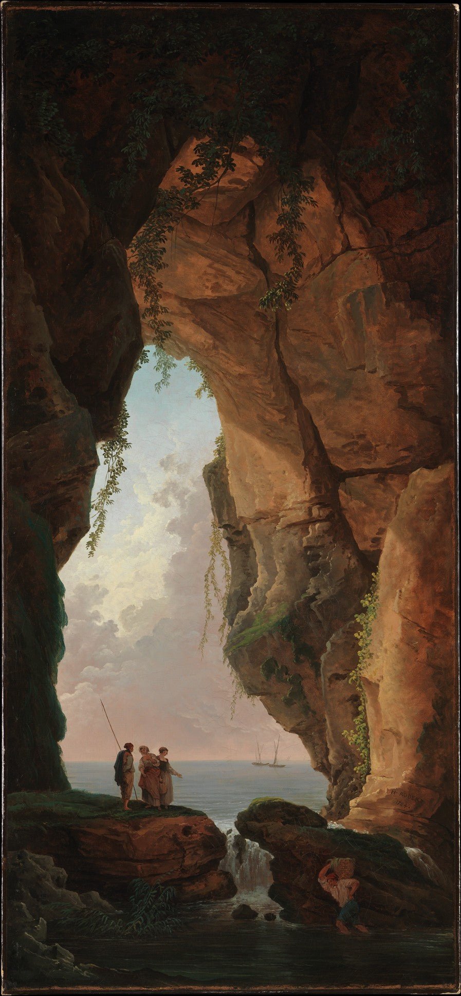 Hand painted landscape oil painting of sea cave arch with textured brushwork, coastal figures, and soft sky light through. - Add Frame, Canvas, Coastal, Figure, Hand Painted, Landscape, Made To Order, Oil Painting, Seascape