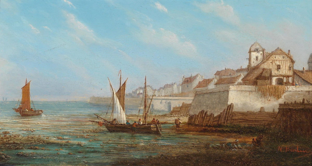 Hand-painted seaside village harbor scene nautical oil painting on canvas