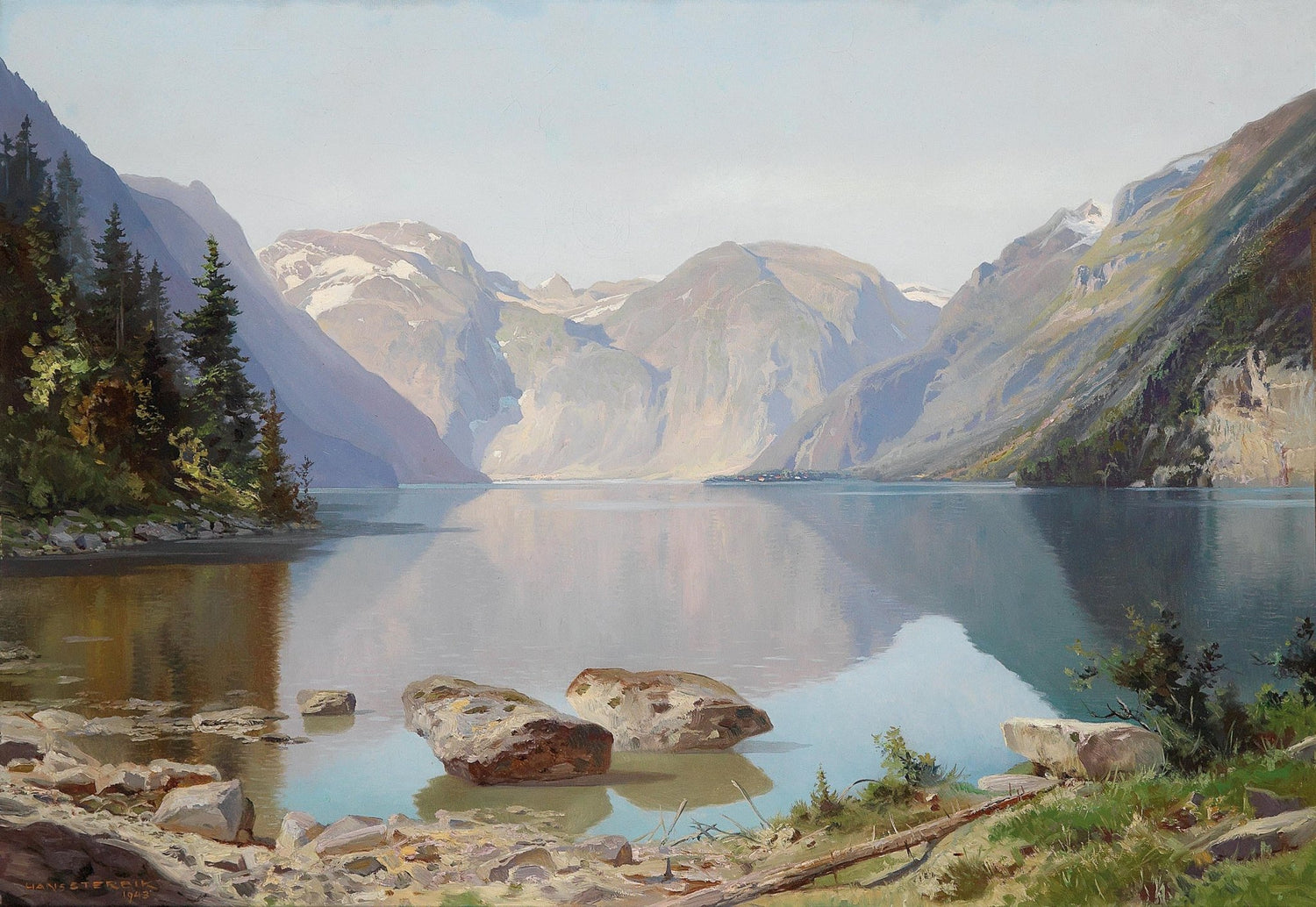 Serene Alpine Lake and Mountain Reflections – Landscape Oil Painting - Oil Painting Haven