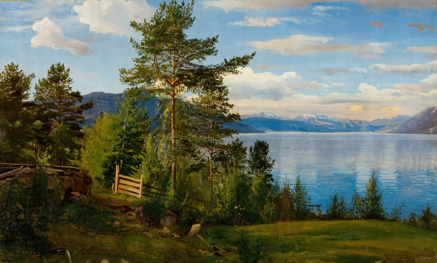 Serene Lakeside Forest, Distant Mountains – Landscape Oil Painting - Oil Painting Haven