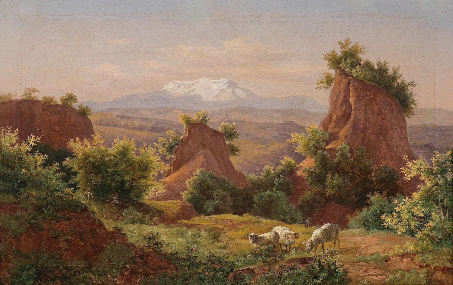 Sheep Grazing Among Red Hills, Mountains – Landscape Oil Painting - Oil Painting Haven