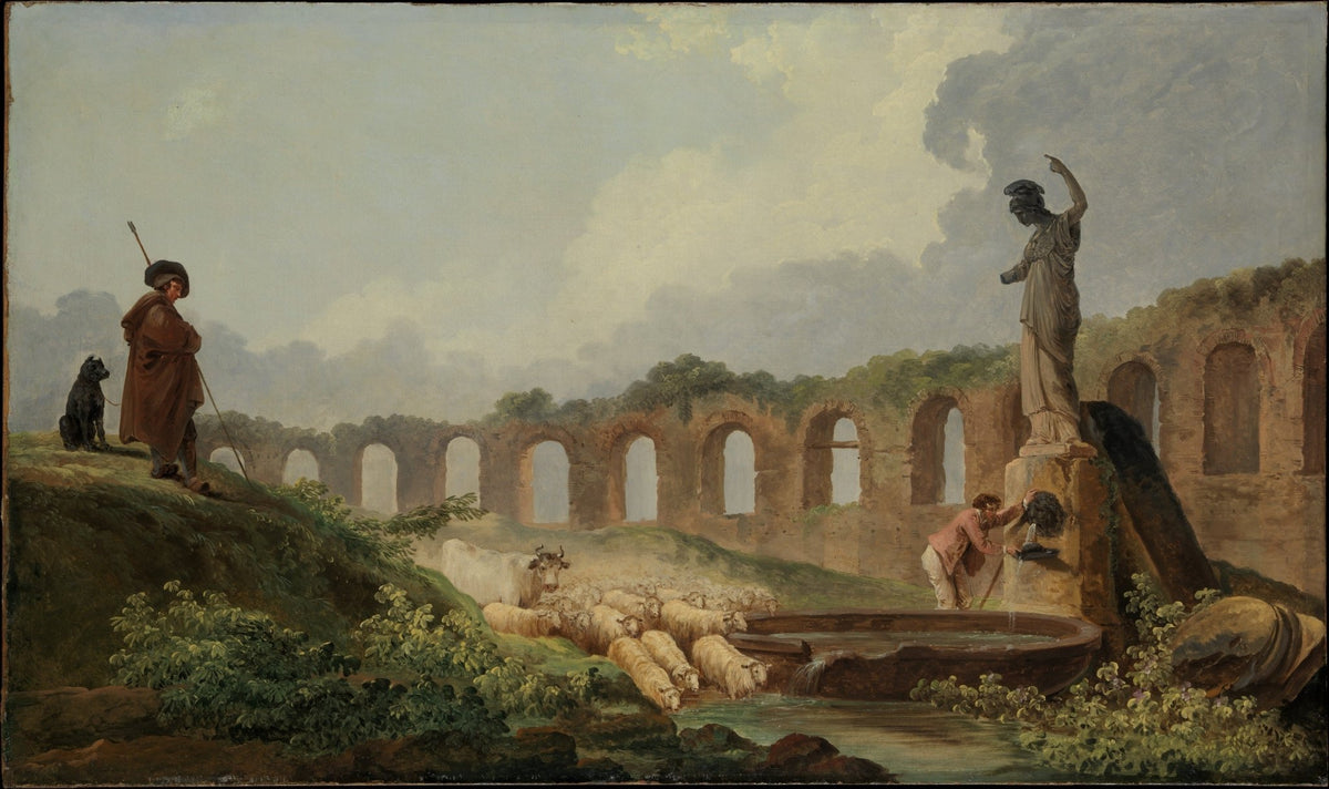 Shepherd and Flock by Ancient Aqueduct Ruins - People Oil Painting - Oil Painting Haven