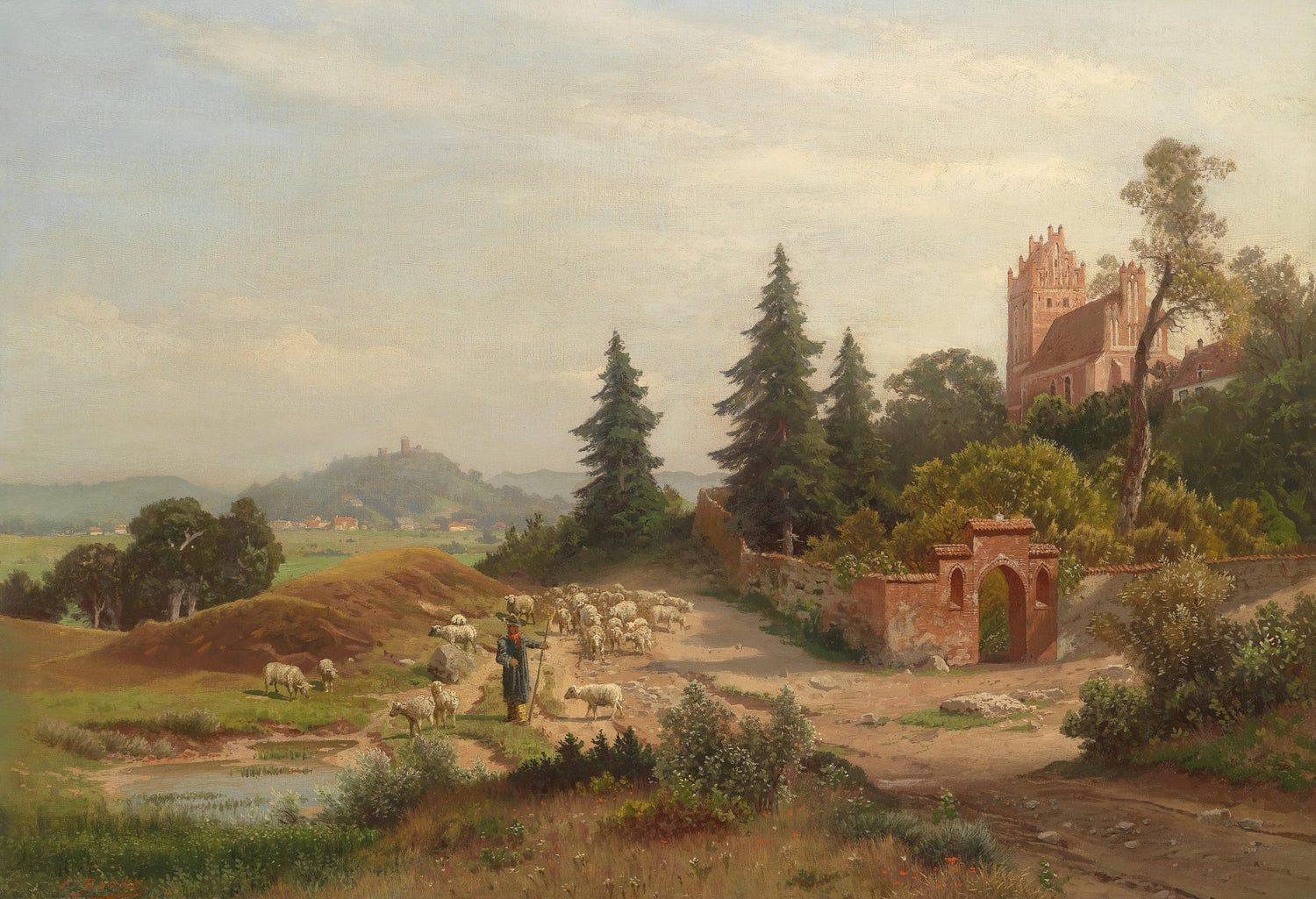 Shepherd and Flock Near a Historic Church – Landscape Oil Painting - Oil Painting Haven
