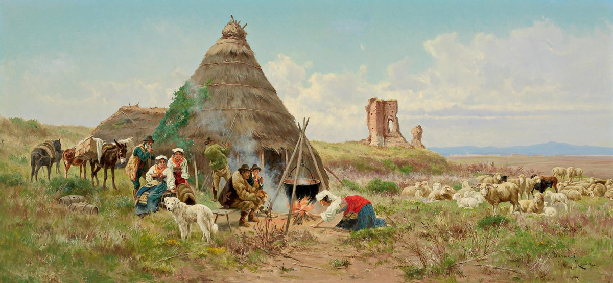 Shepherd Family Campfire with Flock in Open Field - People Oil Painting - Oil Painting Haven
