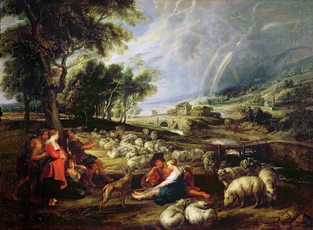 Shepherds Resting with Flock in Pastoral Landscape - People Oil Painting - Oil Painting Haven